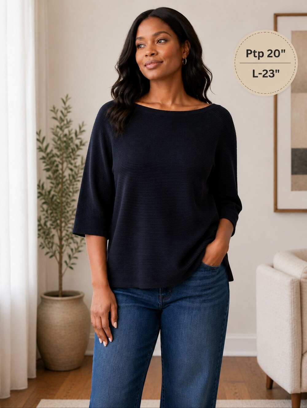 Alpha Studio Black Ribbed Boat Neck 3/4 Sleeve Knit Top